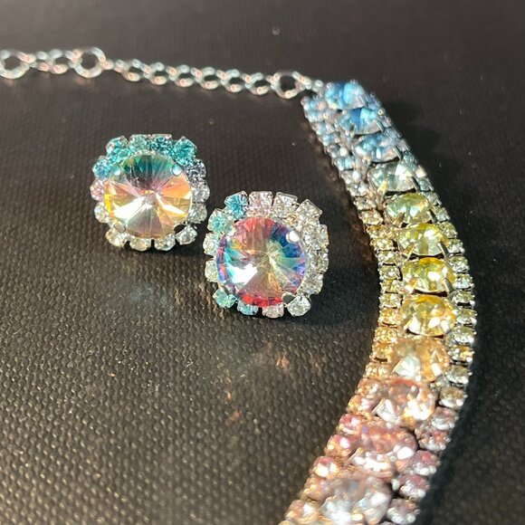 Choker Necklace Earrings Jewelry Set Green Zirconia Multi color with Gift Box - Picture 2 of 8